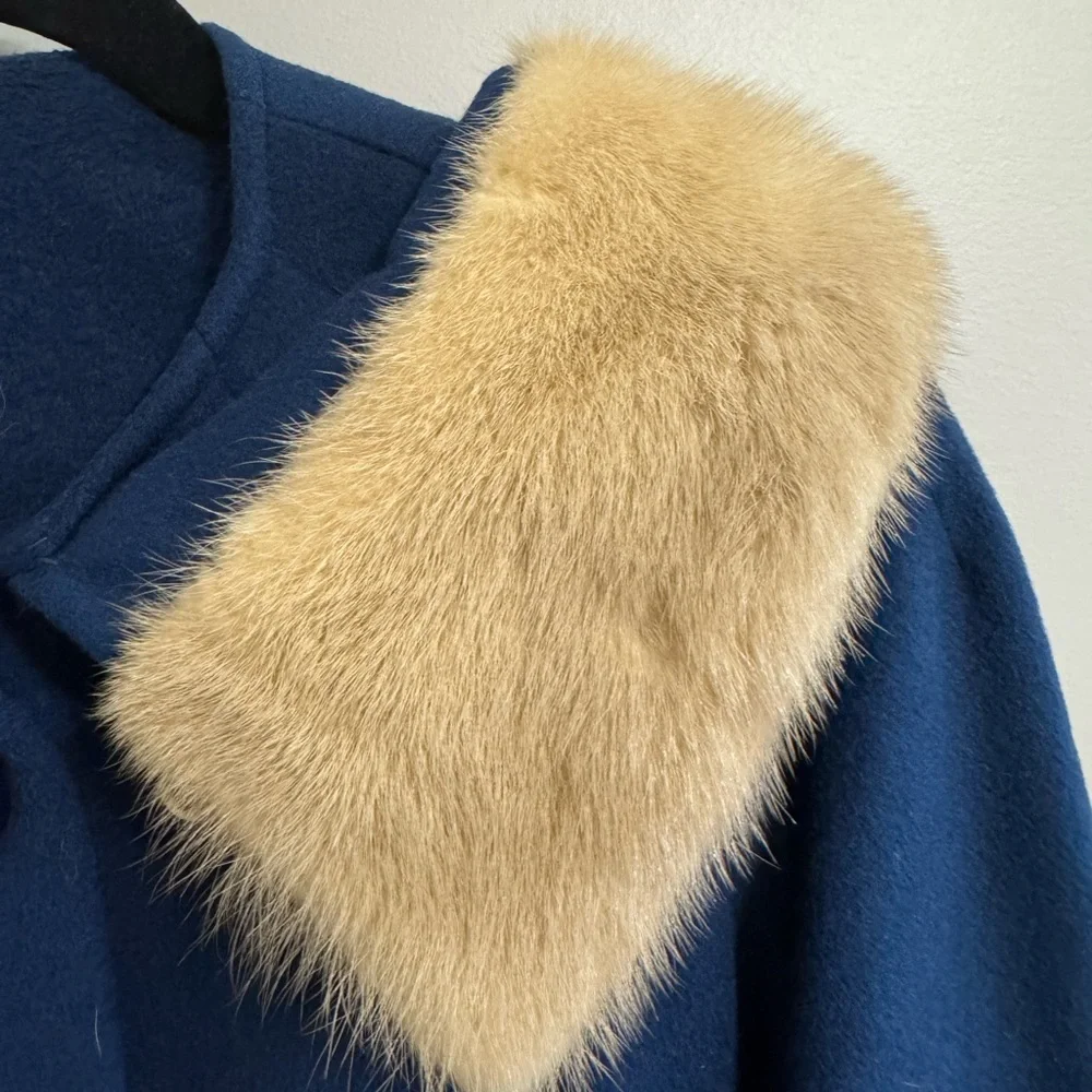 Vintage Kilgarnock Blue Wool Coat Genuine Fur Collar Mid Century‎